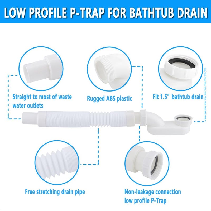 Cinsda Bathtub Shower Drain Pipe, Low Profile Flat 1 1/2 P Trap Kit Flexible Freestanding Tub Drain for Bath - Image 3